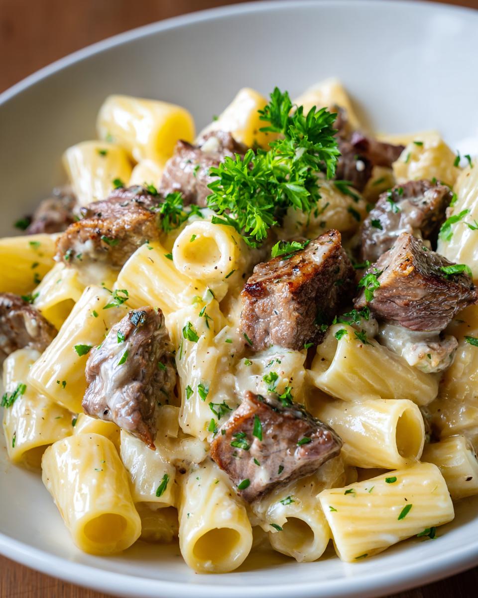 A close-up of delicious garlic butter steak pasta with chunks of steak and rigatoni, garnished with fresh parsley.