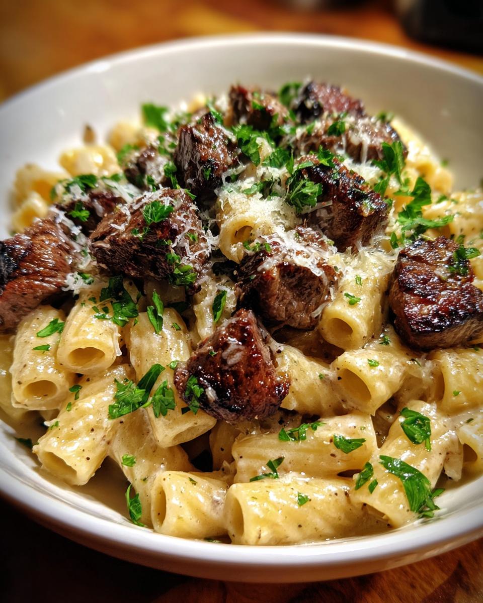 A close-up of garlic butter steak pasta topped with chopped parsley and grated cheese.