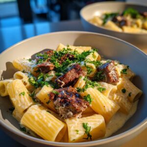 Close-up of delicious garlic butter steak pasta with chunks of steak and fresh parsley.
