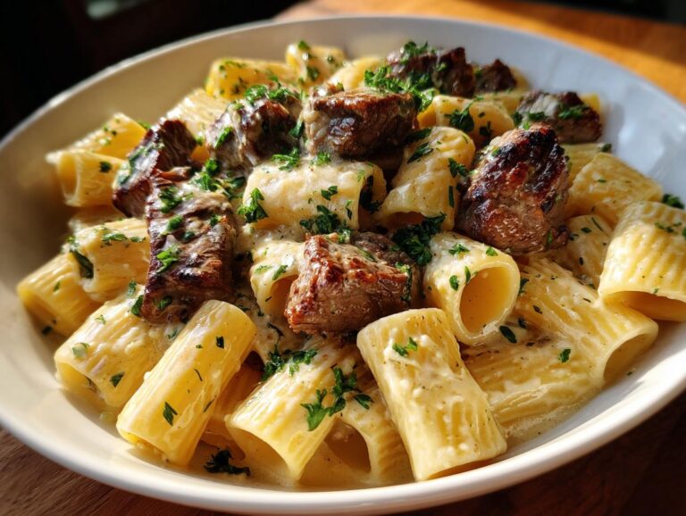 Close-up of delicious garlic butter steak pasta with chunks of steak and creamy sauce, garnished with parsley.