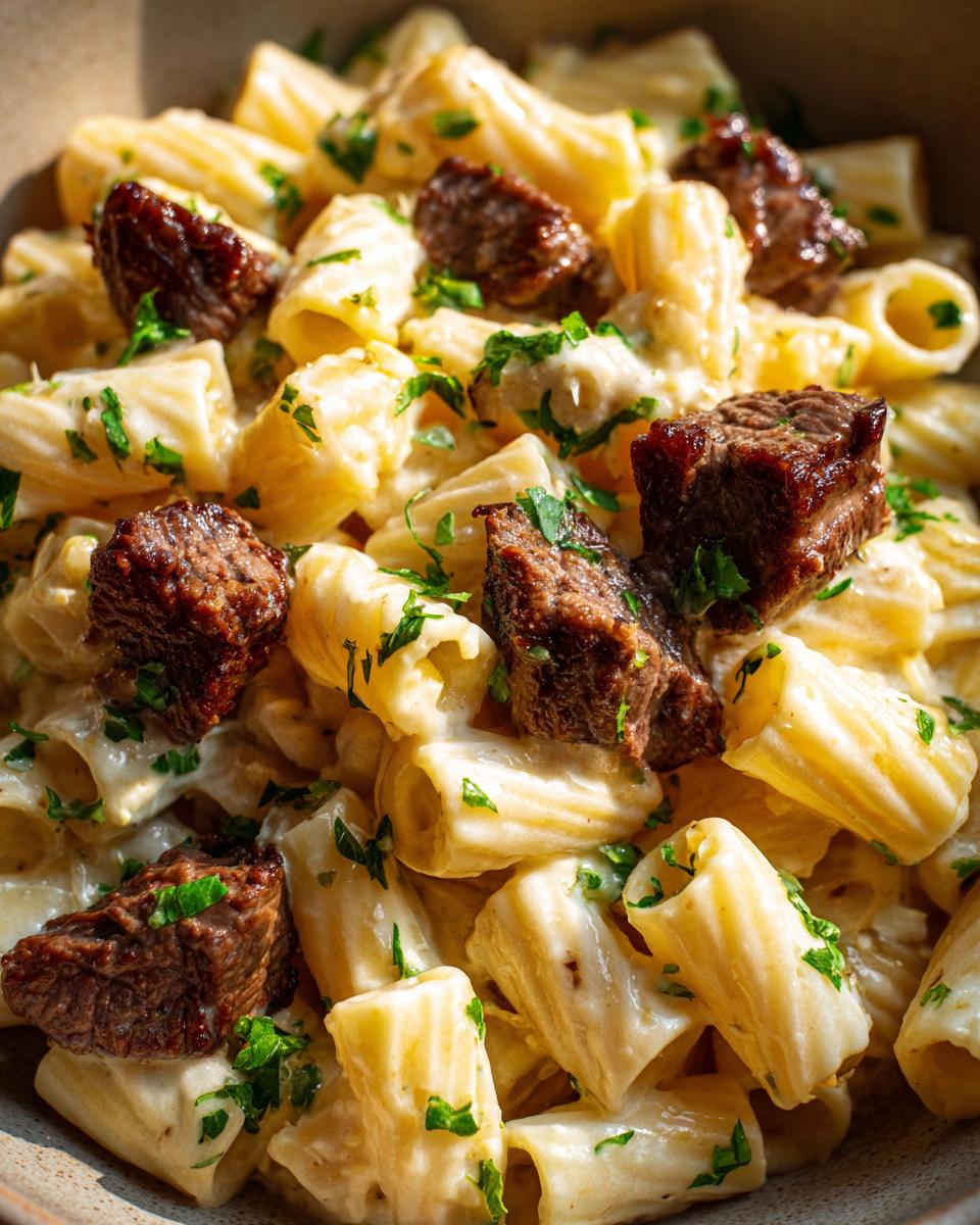 Close-up of delicious garlic butter steak pasta with tender steak pieces and creamy sauce.