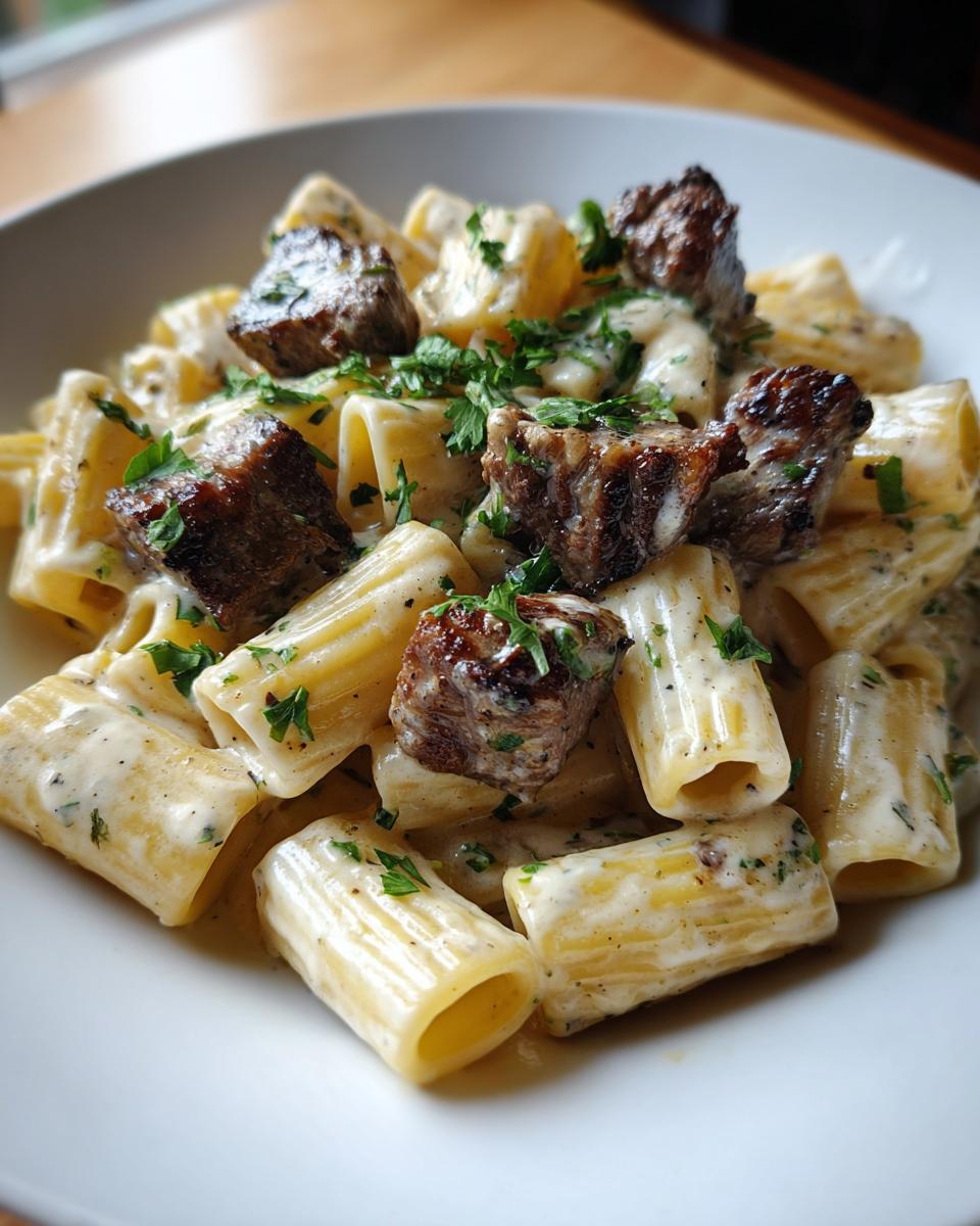 Close-up of delicious garlic butter steak pasta with rigatoni noodles and chopped parsley.