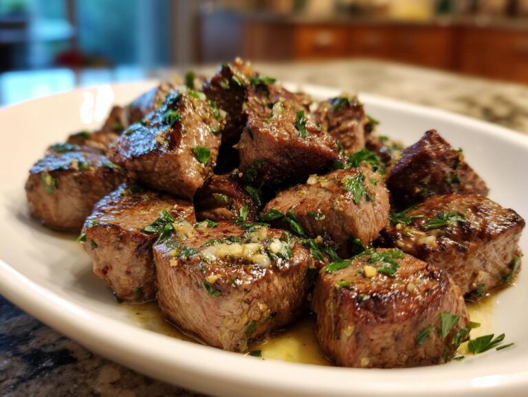 Close-up of juicy garlic butter steak tips seasoned with herbs on a white platter.