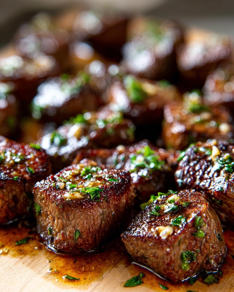 Close-up of perfectly cooked garlic butter steak tips, glistening with sauce and sprinkled with fresh parsley.