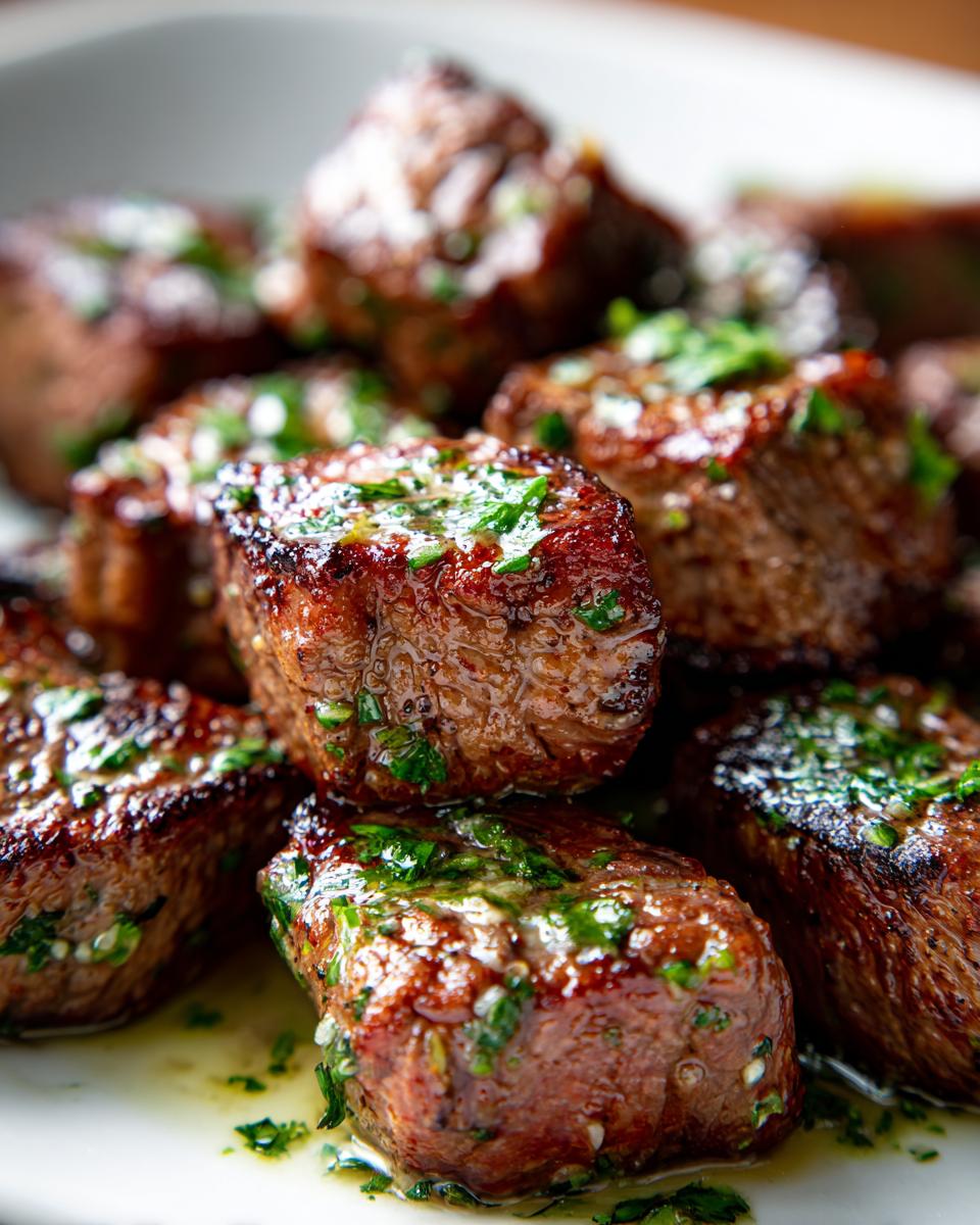 Close-up of juicy garlic butter steak tips garnished with fresh parsley.