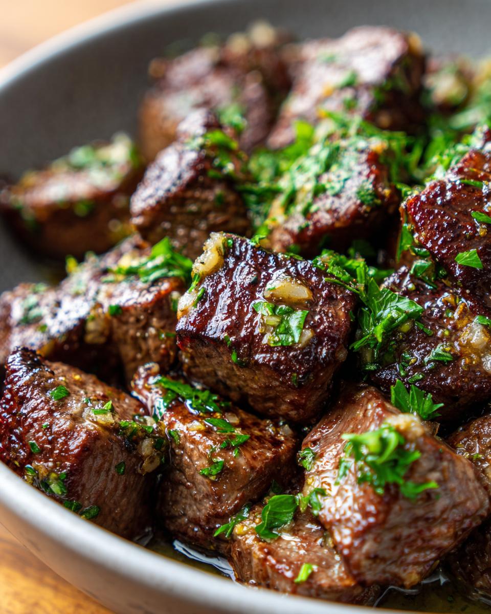 Close-up of tender garlic butter steak tips, glistening and topped with fresh parsley.