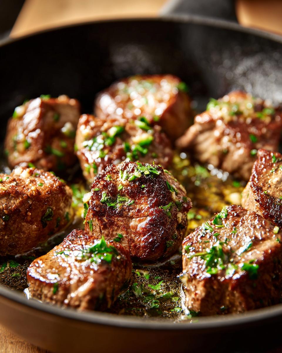 Close-up of juicy garlic butter steak tips sizzling in a cast iron skillet, garnished with fresh parsley.