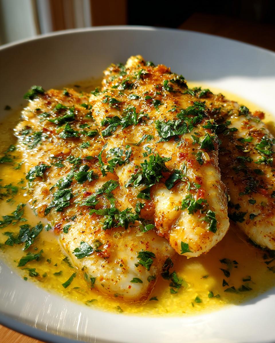 Close-up of three perfectly cooked garlic butter tilapia fillets in a white bowl, garnished with fresh parsley.