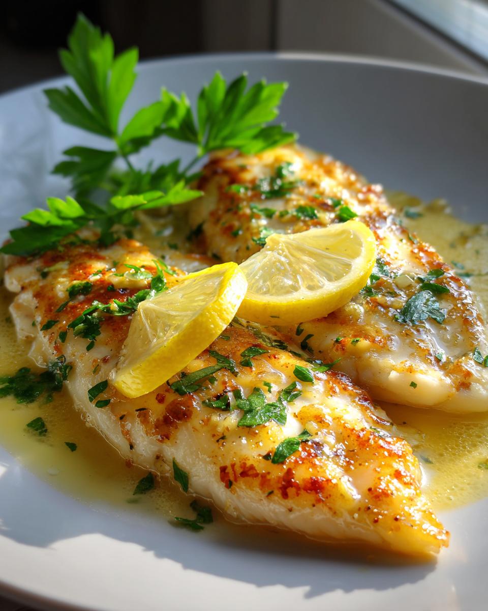 Close-up of pan-seared garlic butter tilapia fillets topped with fresh parsley and lemon slices.