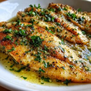 Close-up of three golden-brown garlic butter tilapia fillets garnished with fresh parsley in a white bowl.