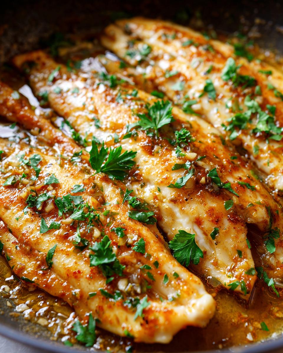 Close-up of flaky garlic butter tilapia fillets cooked in a pan, garnished with fresh parsley.