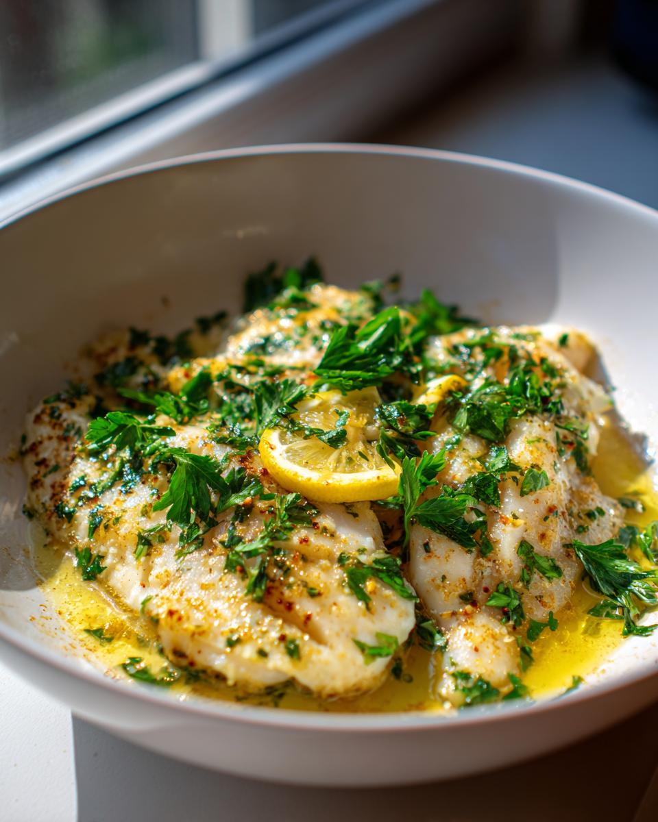 Close-up of flaky garlic butter tilapia fillets topped with fresh parsley and lemon slices in a white bowl.