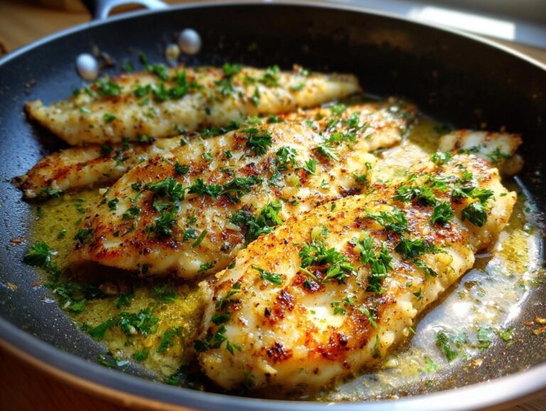 Close-up of golden-brown garlic butter tilapia fillets sizzling in a pan, garnished with fresh parsley.