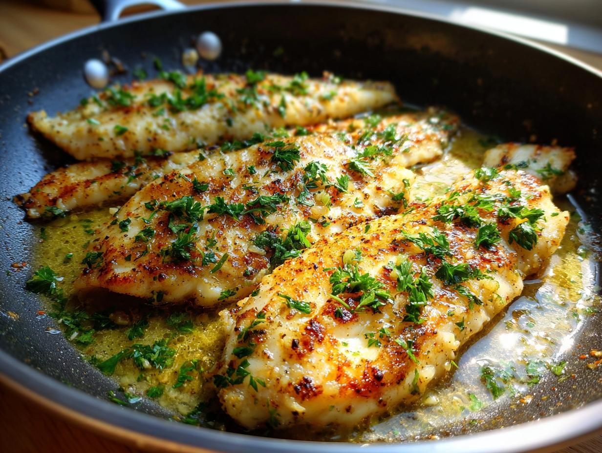 Close-up of golden-brown garlic butter tilapia fillets sizzling in a pan, garnished with fresh parsley.