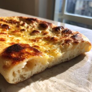 A close-up of a piece of freshly baked garlic naan bread, glistening with melted butter and golden brown spots.