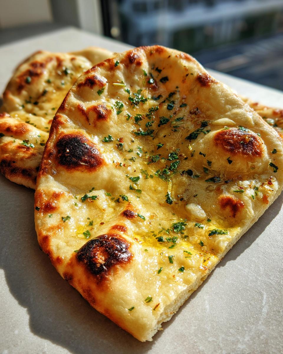 Close-up of freshly baked garlic naan bread, glistening with butter and sprinkled with chopped herbs.