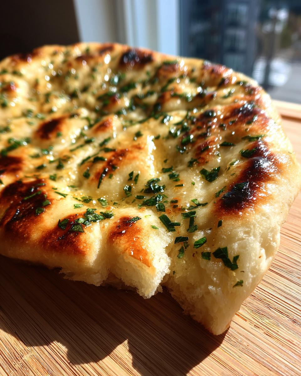 Close-up of a golden-brown garlic naan bread topped with fresh green herbs, resting on a wooden board.