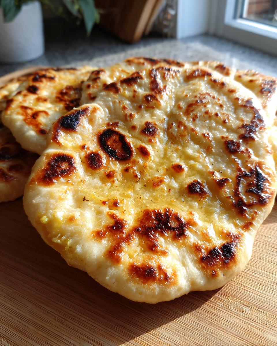 Close-up of freshly baked garlic naan bread with golden-brown spots, served on a wooden board.