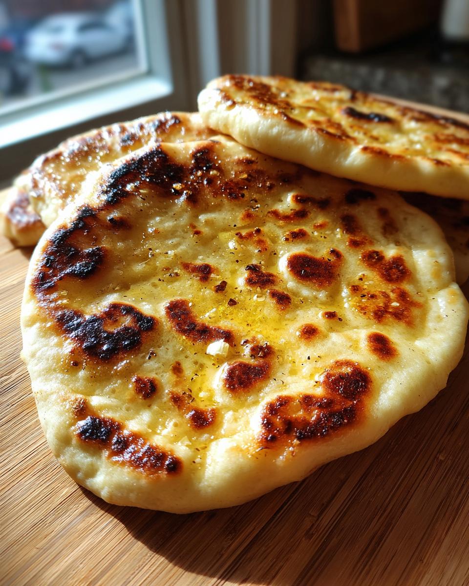 Close-up of golden-brown garlic naan bread brushed with melted butter and herbs, stacked on a wooden surface.