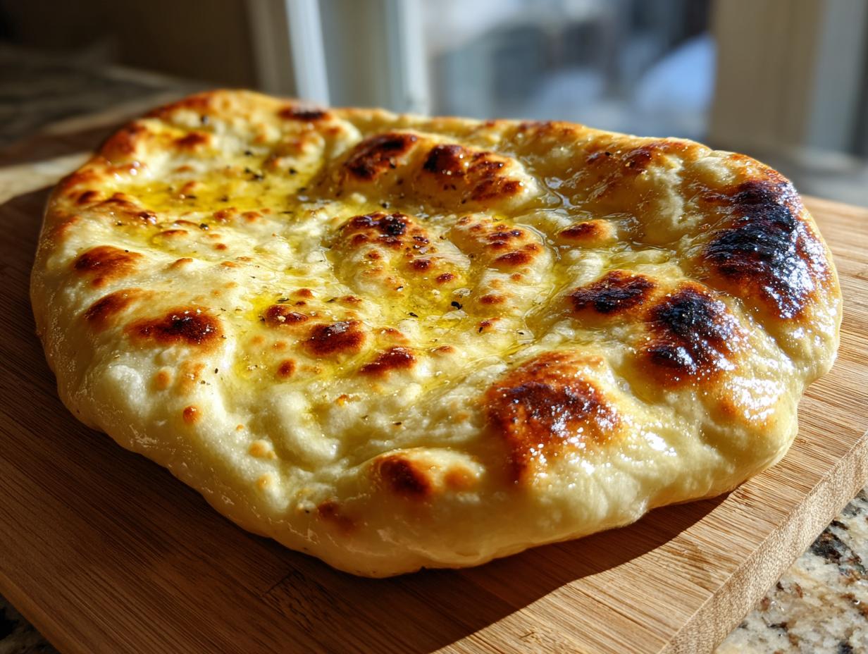 A close-up of a golden-brown garlic naan bread brushed with melted butter and herbs, resting on a wooden board.