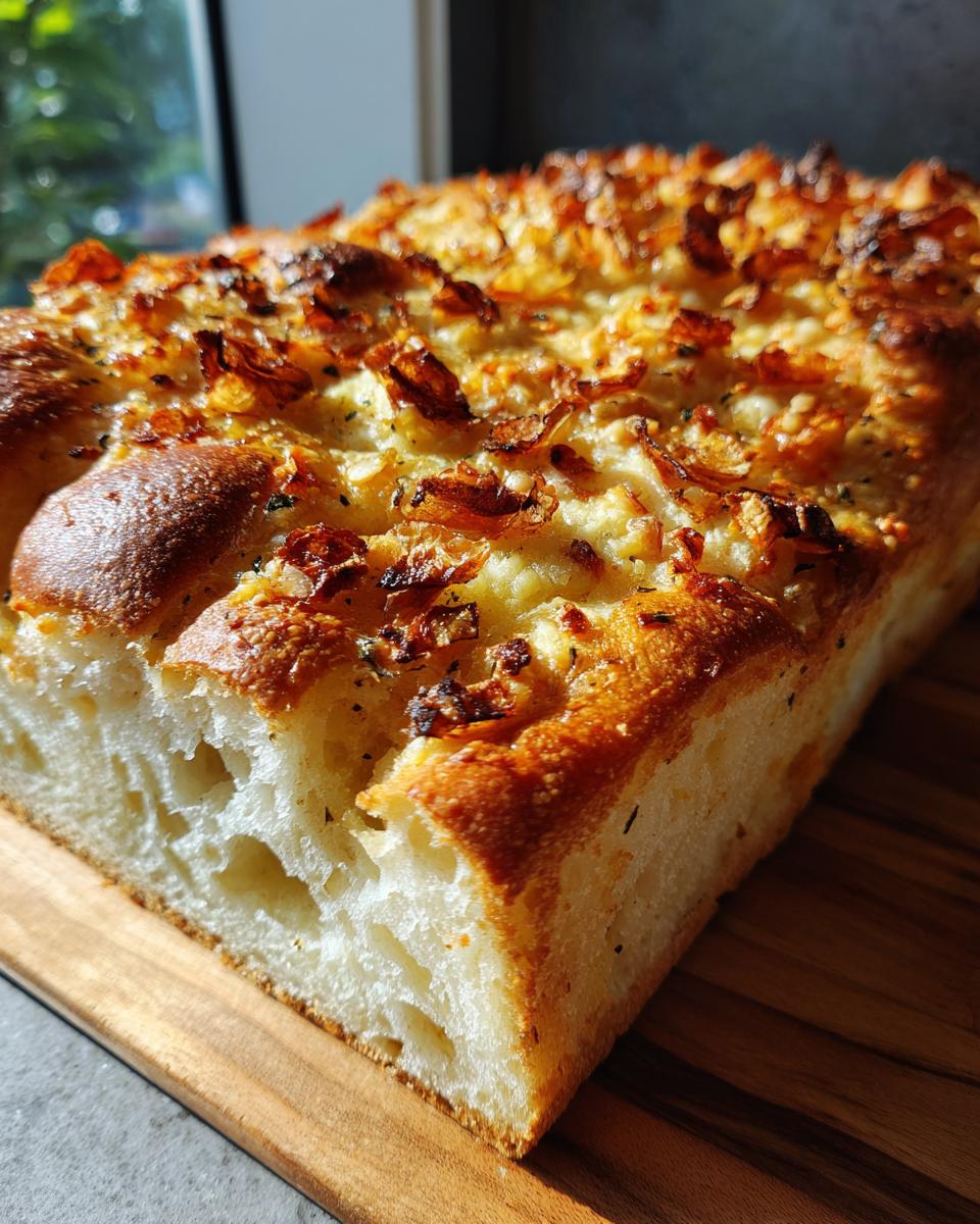 Close-up of a golden-brown Garlic Parmesan Focaccia bread with visible herbs and crispy garlic topping.