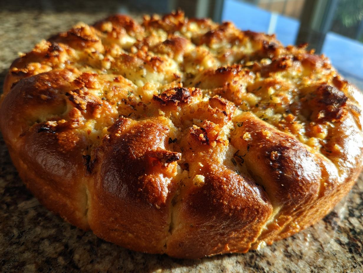Close-up of a golden brown Garlic Parmesan Focaccia bread with a crispy topping.