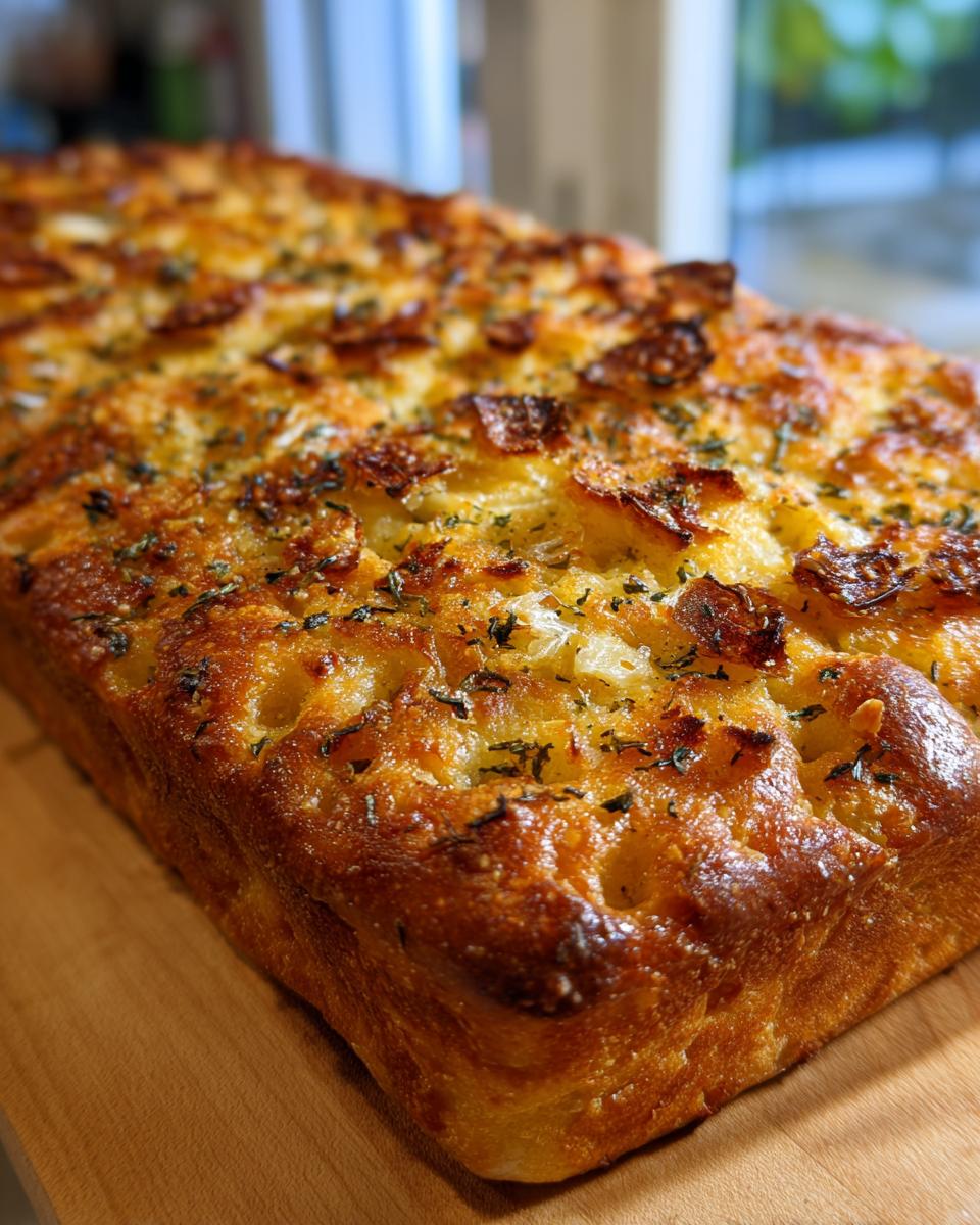 Close-up of a golden-brown Garlic Parmesan Focaccia bread with dimples and herbs on top.