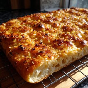 Close-up view of golden brown Garlic Parmesan Focaccia bread cooling on a wire rack.