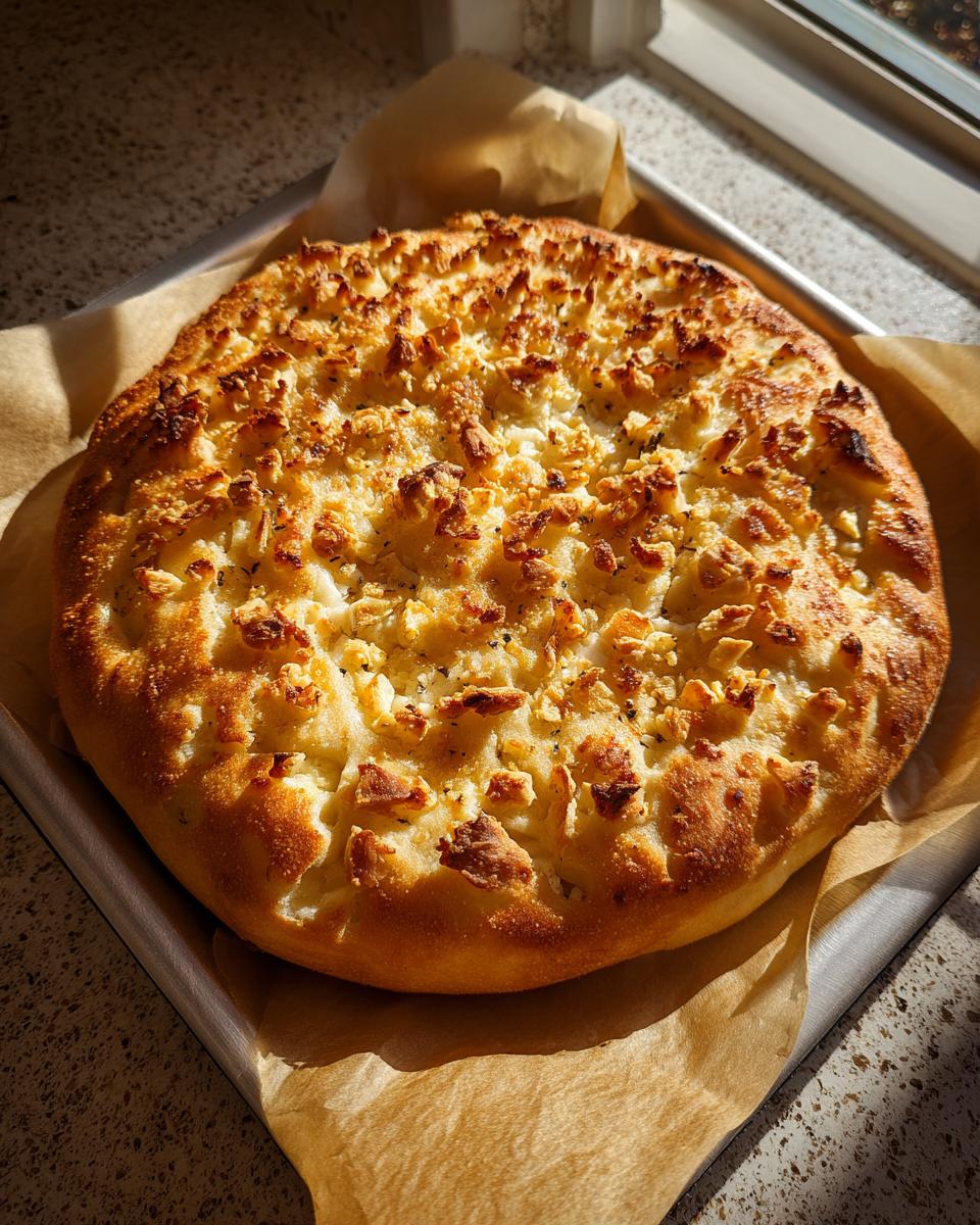 A whole, golden-brown Garlic Parmesan Focaccia baked on parchment paper and a baking sheet.