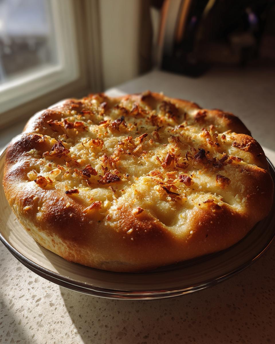 A golden brown, freshly baked Garlic Parmesan Focaccia bread on a plate, with visible garlic and parmesan topping.