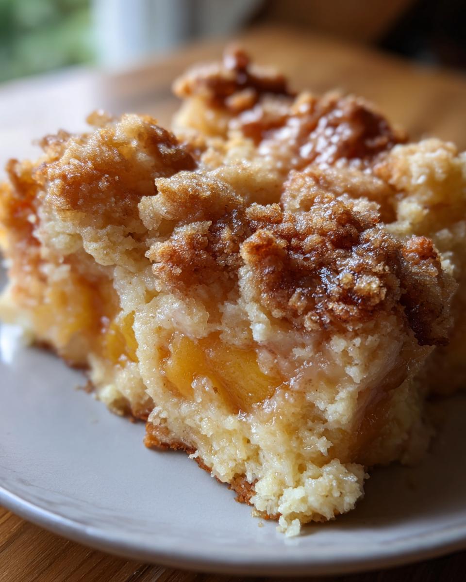 A close-up, mouthwatering view of a slice of gooey peach cobbler, showcasing the tender peaches and crumbly topping.