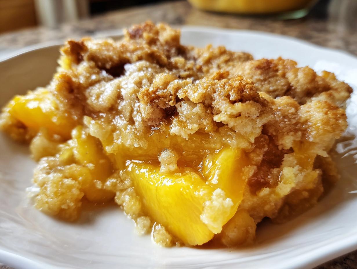 A close-up of a slice of gooey peach cobbler on a white plate, showcasing tender peaches and a crumbly topping.