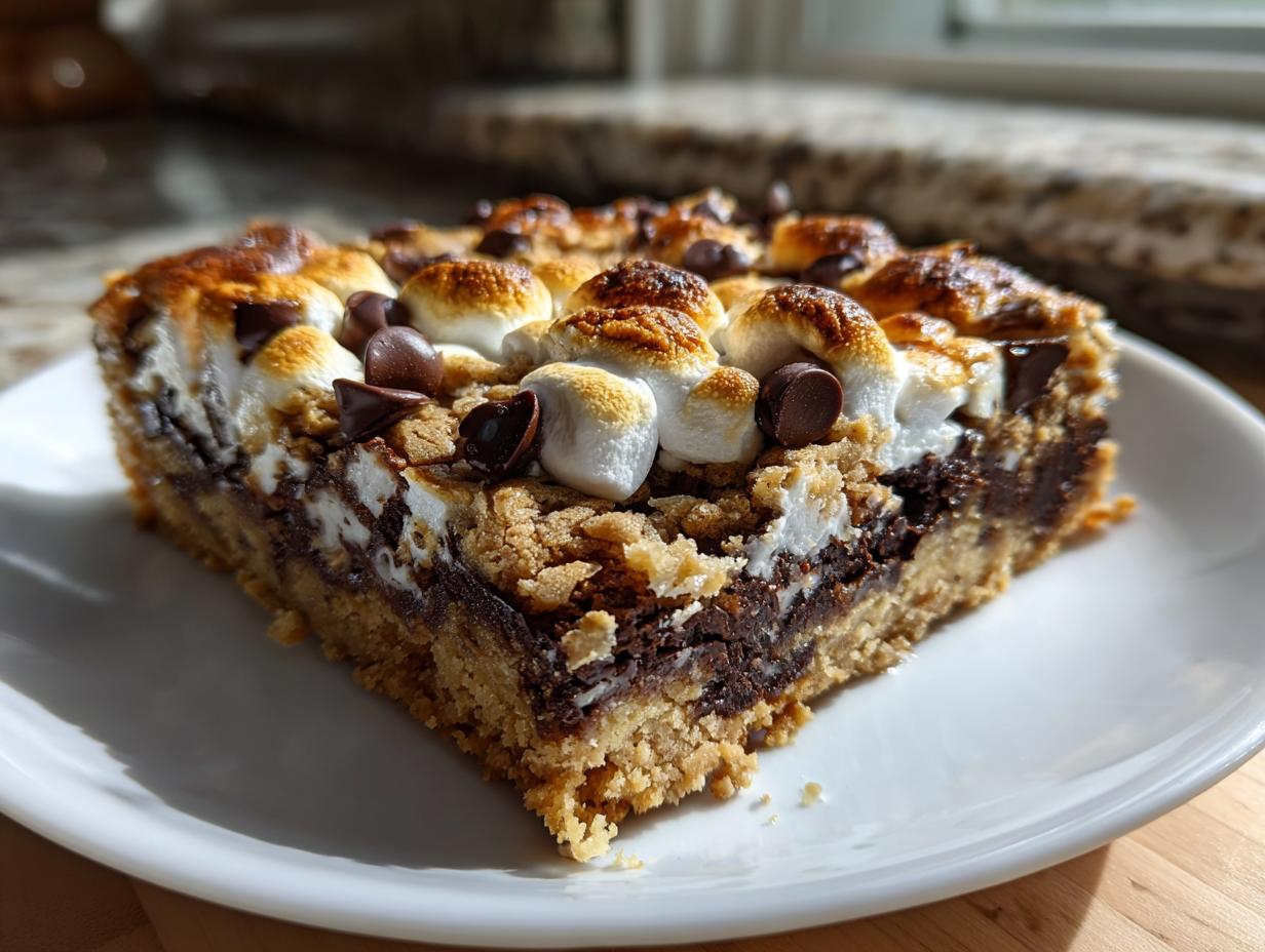 A close-up of a gooey s'mores cookie bar on a white plate, featuring toasted marshmallows, chocolate chips, and a graham cracker crust.