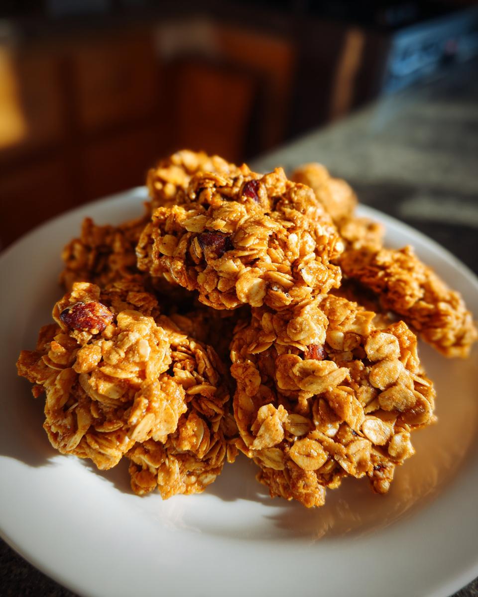 A close-up of golden brown granola clusters with dried cranberries on a white plate.