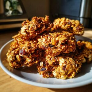 A pile of golden brown granola clusters with visible dried fruit on a light gray plate.