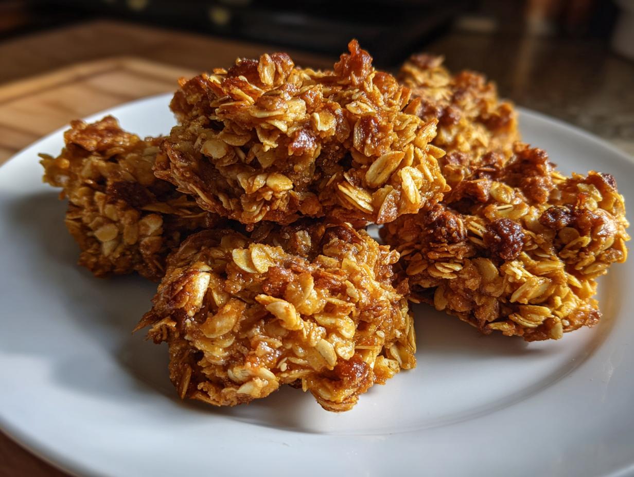 A close-up of golden, chewy granola clusters piled on a white plate, showcasing oats and dried fruit.