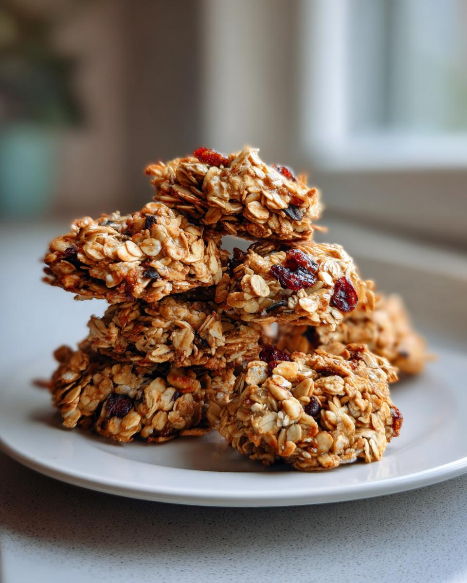 A stack of golden brown granola clusters made with oats and dried cranberries on a white plate.