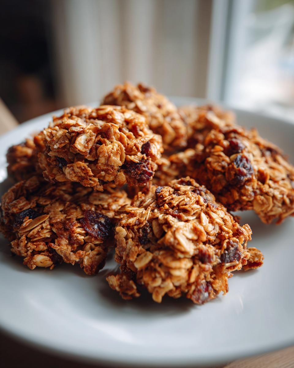 A pile of golden granola clusters with visible dried cranberries and oats on a white plate.