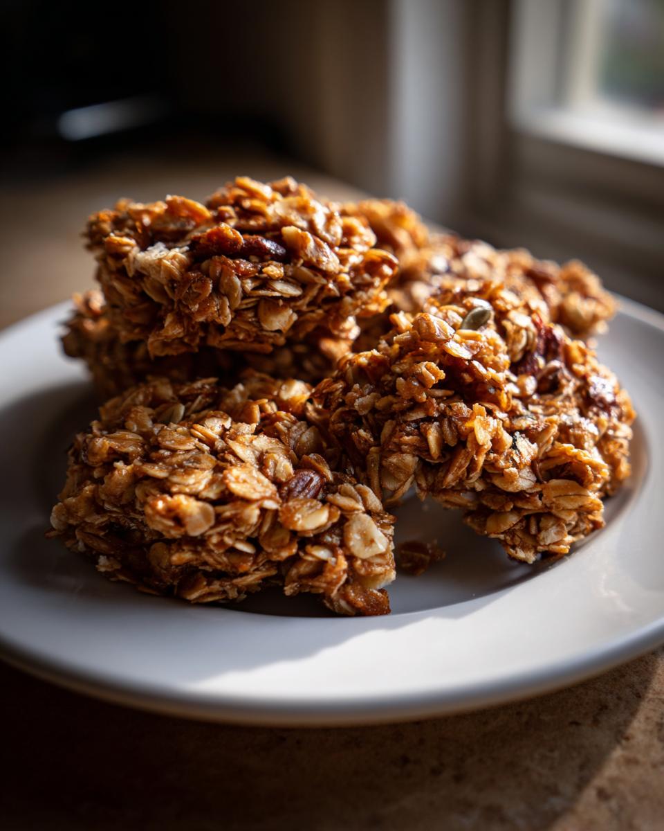 Close-up of golden granola clusters with oats and nuts on a white plate, ready to eat.