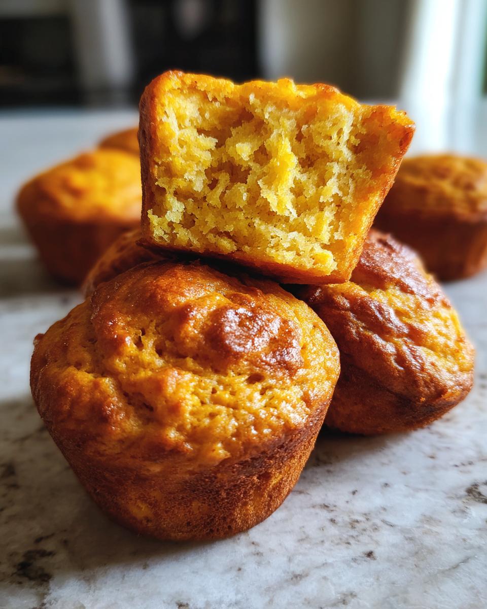 A close-up of several golden-brown Greek yogurt pumpkin muffins, with one muffin split open to reveal its fluffy interior.