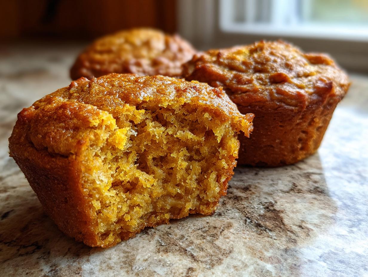 Close-up of a fluffy Greek yogurt pumpkin muffin with a bite taken out, showing its moist interior.