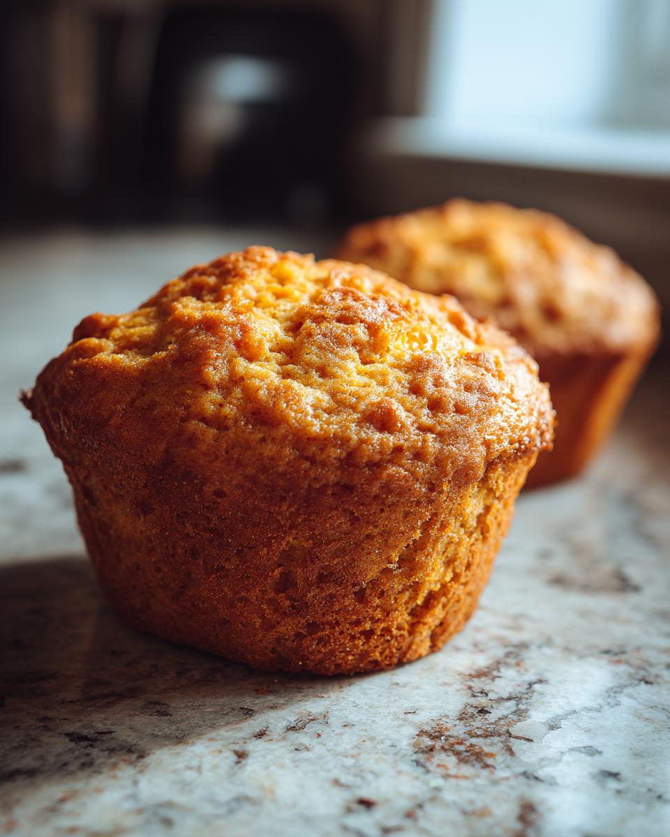 Close-up of two golden Greek yogurt pumpkin muffins on a speckled countertop.