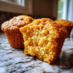 Close-up of a Greek yogurt pumpkin muffin, with one muffin broken in half to show its fluffy interior.