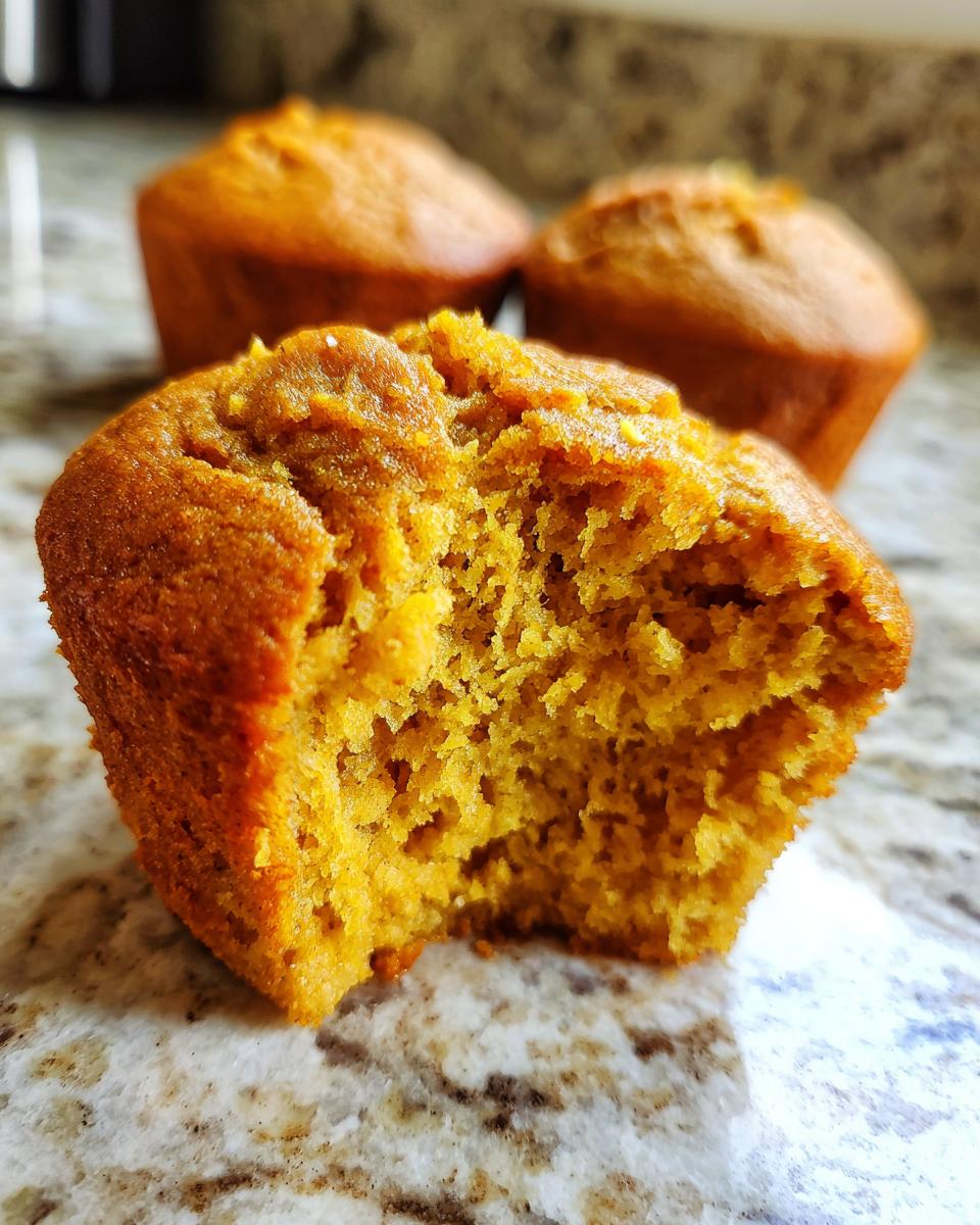 A close-up view of a Greek yogurt pumpkin muffin, with a bite taken out, showing its fluffy texture.