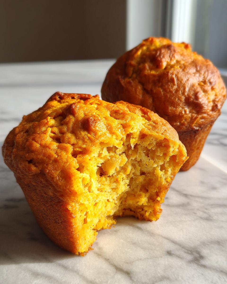Close-up of a Greek yogurt pumpkin muffin with a bite taken out, showing its moist texture.