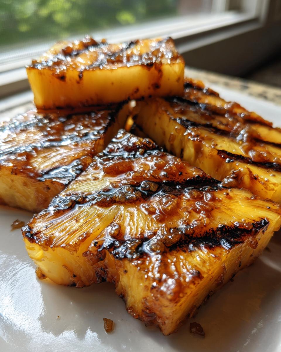 Close-up of juicy, grilled pineapple slices with caramelization and grill marks.