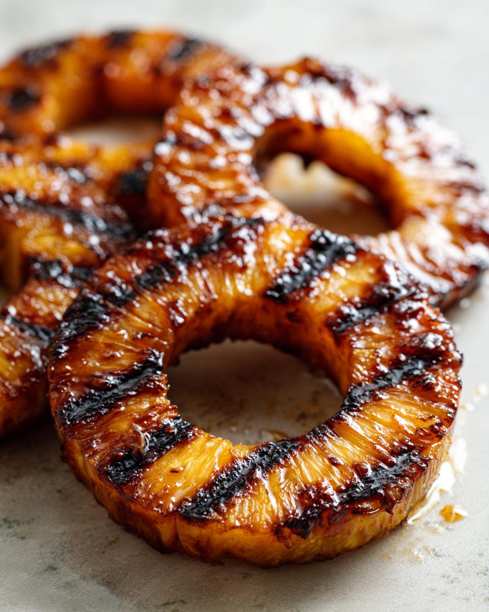 Close-up of sweet, juicy grilled pineapple rings with distinct char marks from the grill.