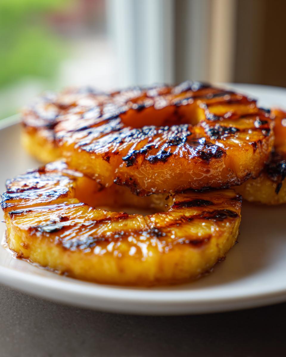 Close-up of juicy grilled pineapple rings with char marks, glistening on a white plate.