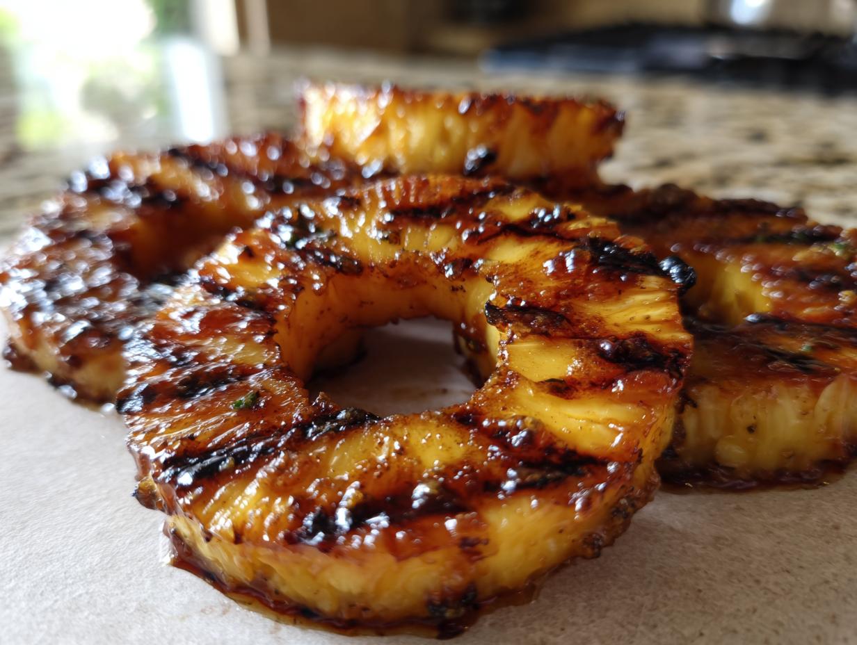 Close-up of juicy, caramelized grilled pineapple rings with distinct grill marks.