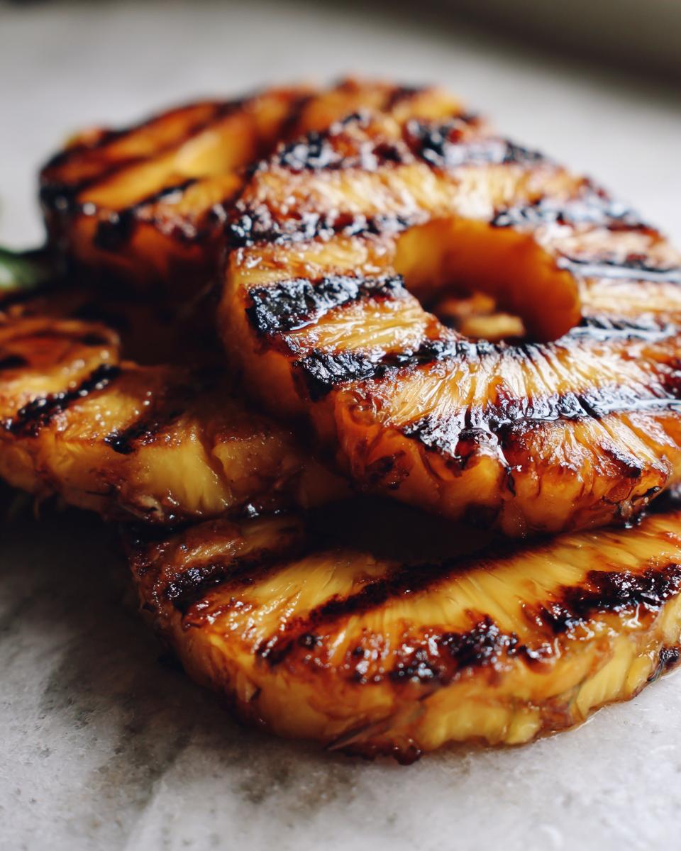 Close-up of juicy grilled pineapple slices with distinct grill marks, showcasing a caramelized exterior.